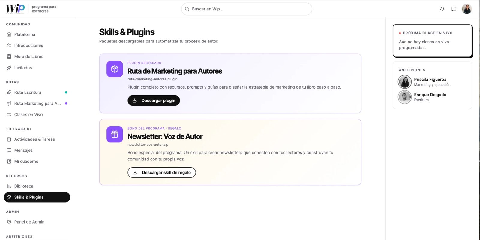 Sección de skills y plugins para trabajar con Claude
