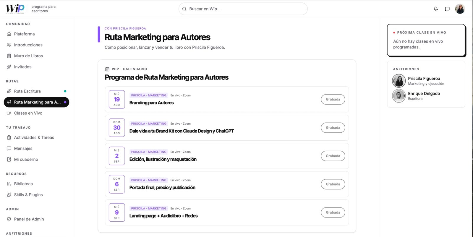 Página de la Ruta Marketing con las clases de Pris