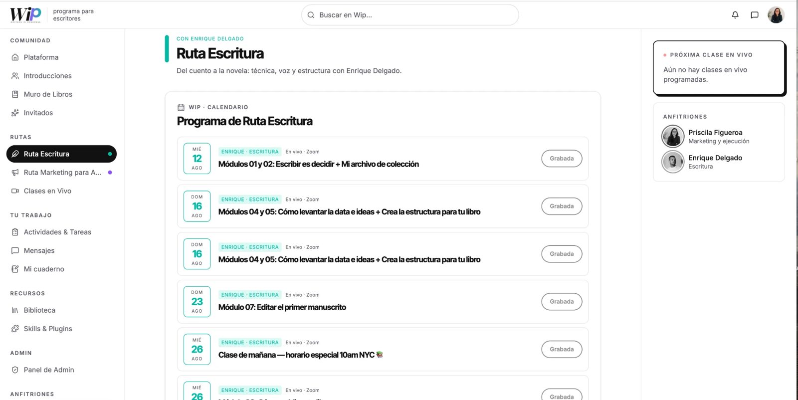 Página de la Ruta Escritura con las clases de Enrique