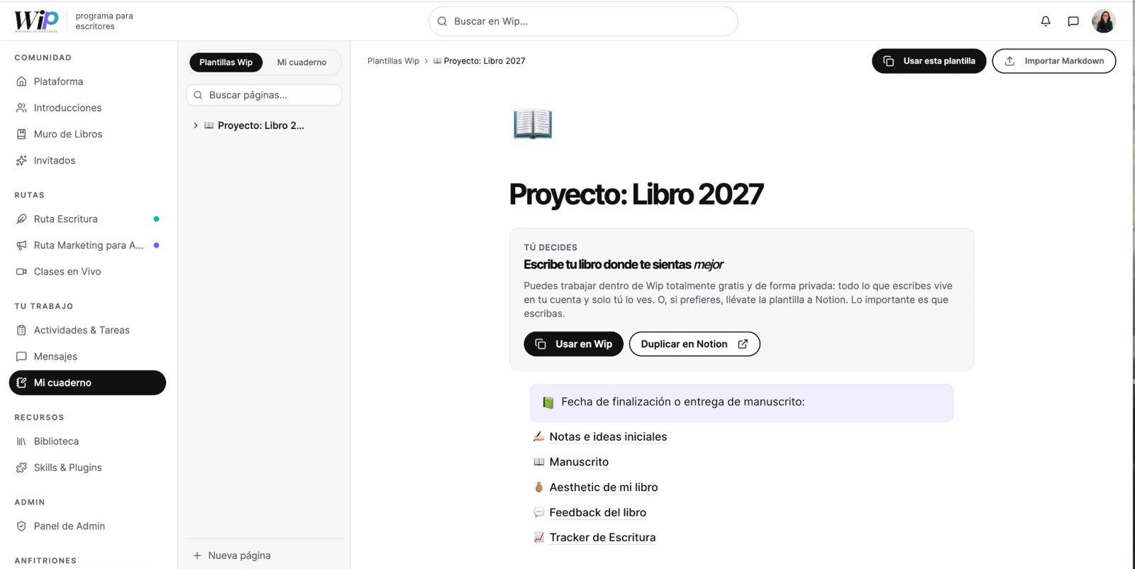 Plantilla Proyecto: Libro 2027 en el cuaderno privado de Wip